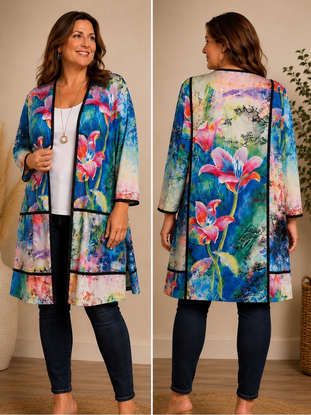 Ali Miles Womens 1X Duster Kimono Cardigan Open Front Floral Colorful Artsy Boho